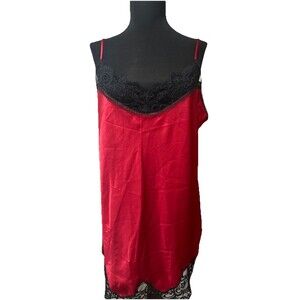 Vtg Victoria’s Secret Satin Lace Trim Chemise Mini Slip Dress Red Black Size XL